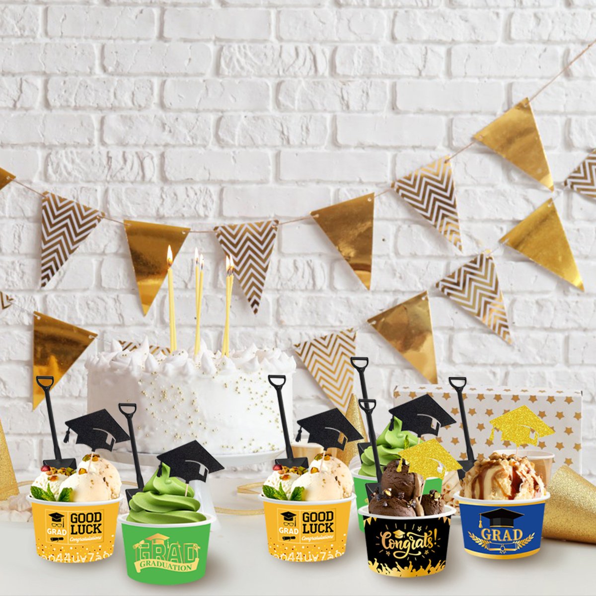 24Pieces Graduation Ice Cream Cups With Decorative Picks And Spoons Set Congrats Grad Disposable Dessert Bowls For Hot Or Cold Food 8 Oz Graduation Party Favor Paper Food Containers For Sundae Snack F - Image 2