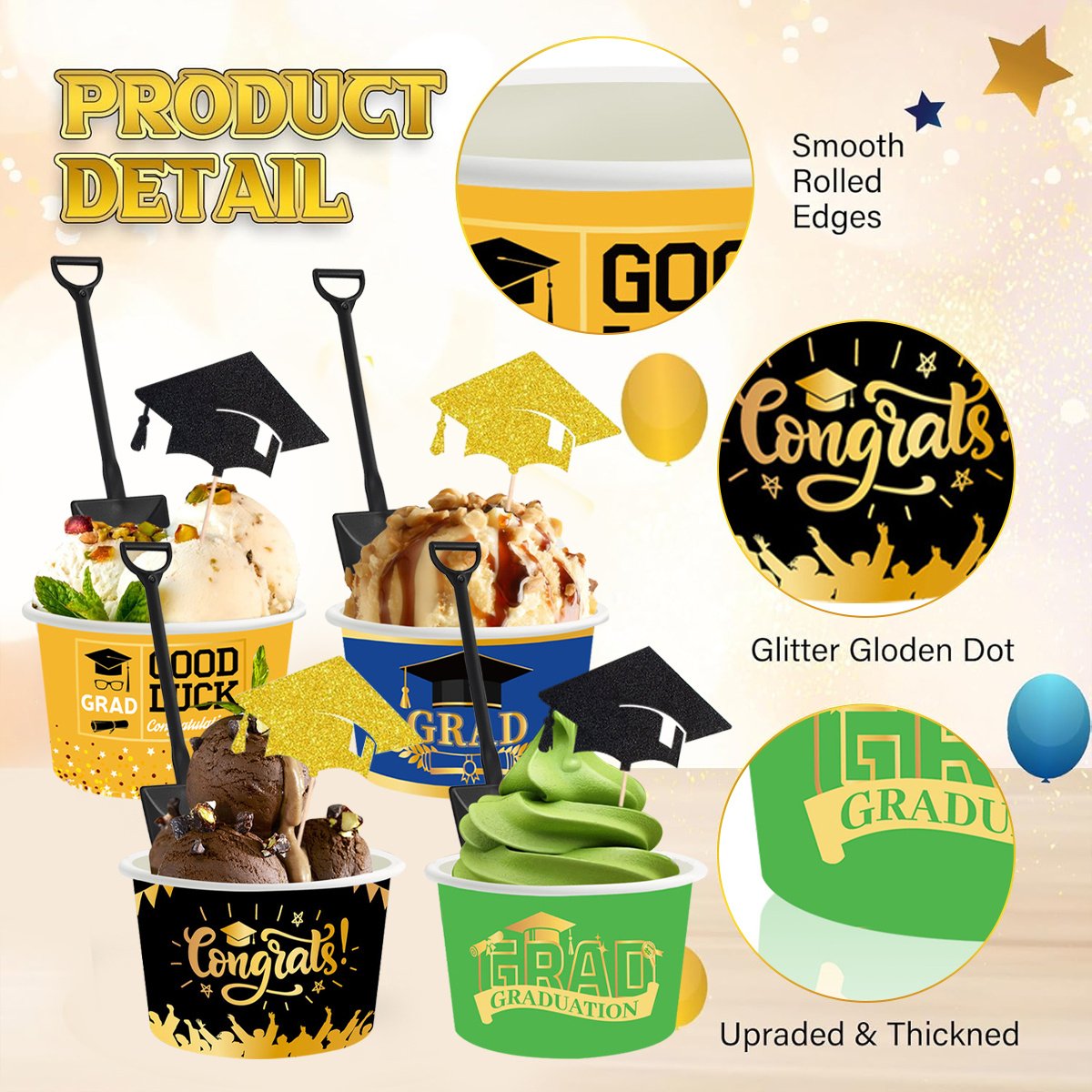24Pieces Graduation Ice Cream Cups With Decorative Picks And Spoons Set Congrats Grad Disposable Dessert Bowls For Hot Or Cold Food 8 Oz Graduation Party Favor Paper Food Containers For Sundae Snack F - Image 8